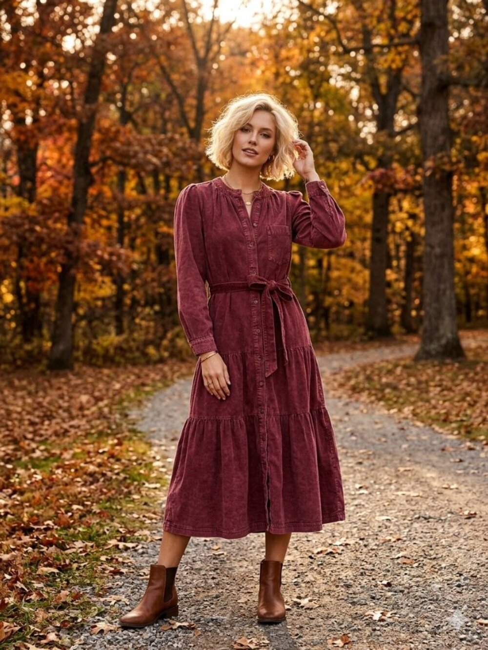 Pilcro for Anthropologie Marta Tiered Dusty Rose Corduroy Midi Dress